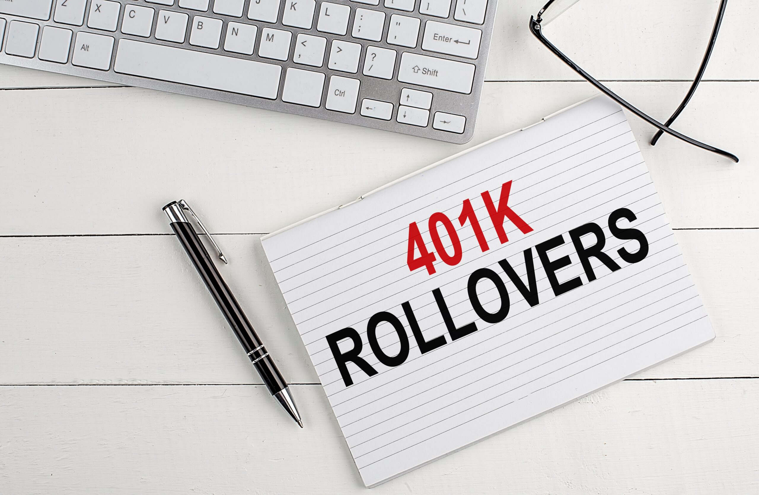401k,Rollovers,Text,On,Notebook,With,Keyboard,,,Pen,Glasses